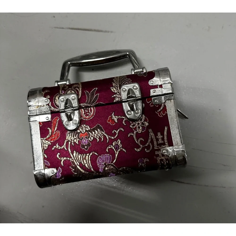 Vintage Floral Brocade Mini Jewelry Trunk Burgundy Gold Satin Travel Case Box